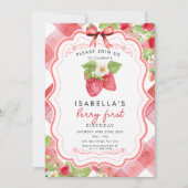 Berry First Strawberry 1. Sommer Geburtstag Gingha Einladung (Vorderseite)