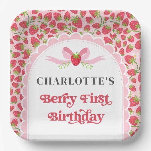 Berry First Strawberry 1st Birthday 9" Square Pappteller (Vorderseite)