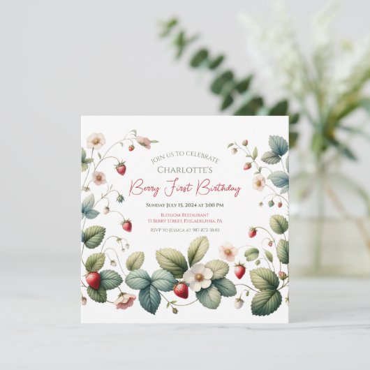 "Berry First" Strawberry Birthday Einladung (Stehend Vorderseite)