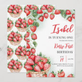 Berry First Strawberry Birthday Einladung (Vorne/Hinten)