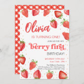Berry First Strawberry Birthday Einladung (Vorne/Hinten)