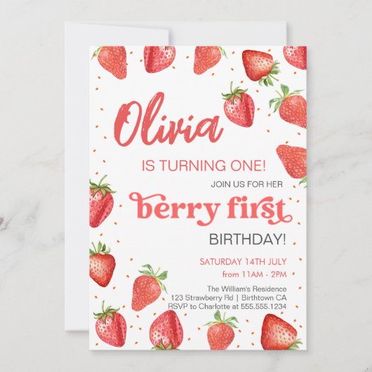 Berry First Strawberry Birthday Einladung (Vorderseite)