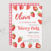 Berry First Strawberry Birthday Einladung (Vorne/Hinten)