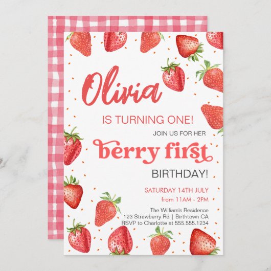 Berry First Strawberry Birthday Einladung (Vorne/Hinten)