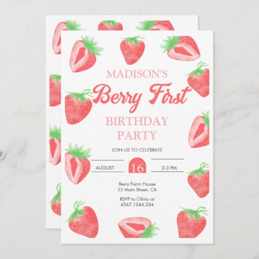 Berry First Strawberry Birthday Foto Einladung (Vorne/Hinten)
