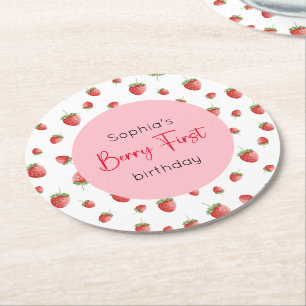 Berry First Strawberry Birthday Runder Pappuntersetzer