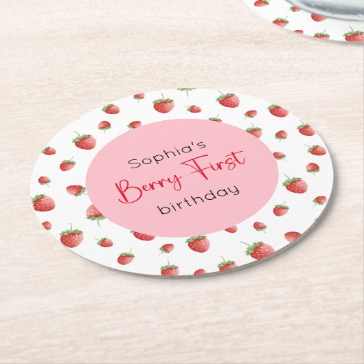 Berry First Strawberry Birthday Runder Pappuntersetzer (Angewinkelt)