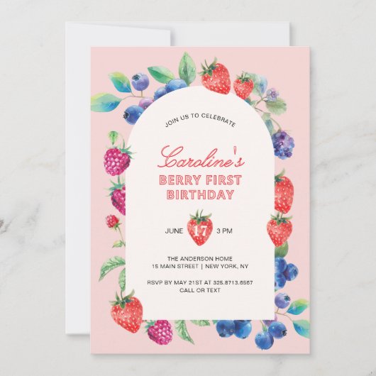Berry First Strawberry Blueberry Birthday Einladung (Vorderseite)