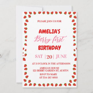 Berry First Strawberry Border Birthday Invitation Einladung