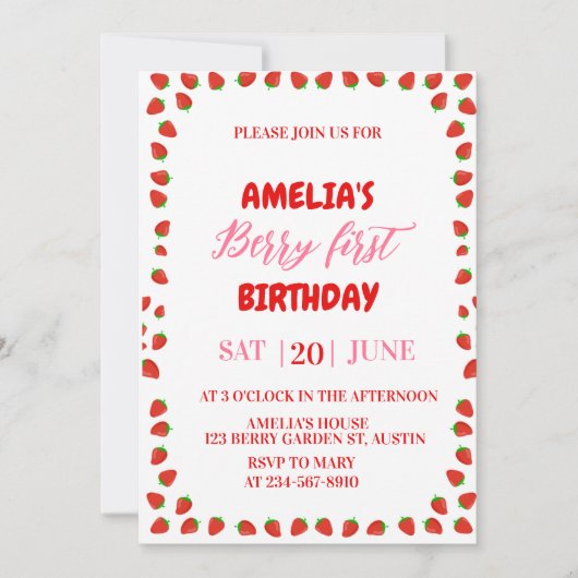 Berry First Strawberry Border Birthday Invitation Einladung (Vorderseite)