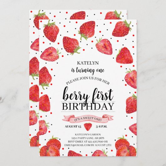Berry First Strawberry Einladung (Vorne/Hinten)