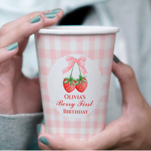 Berry First Strawberry Geburtstag Pink Bow Gingham Pappbecher