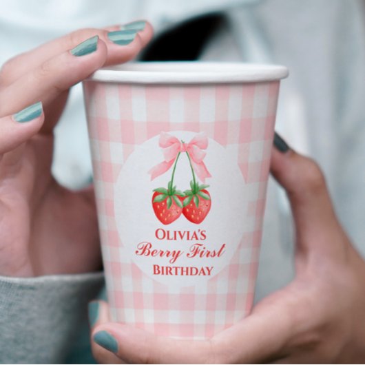 Berry First Strawberry Geburtstag Pink Bow Gingham Pappbecher