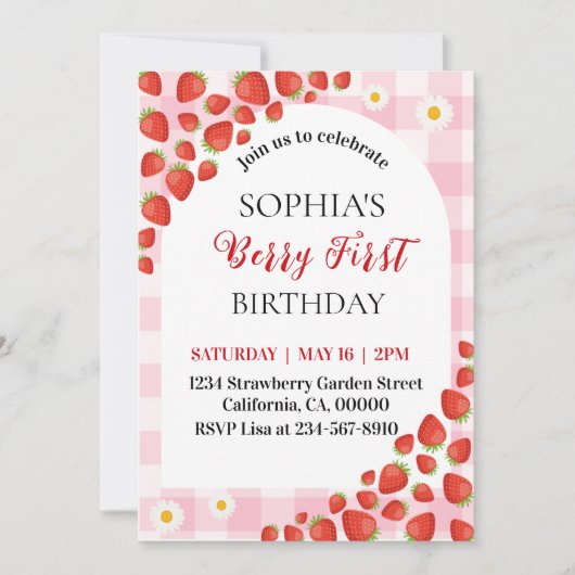 Berry First Strawberry gingham birthday invitation Einladung (Vorderseite)