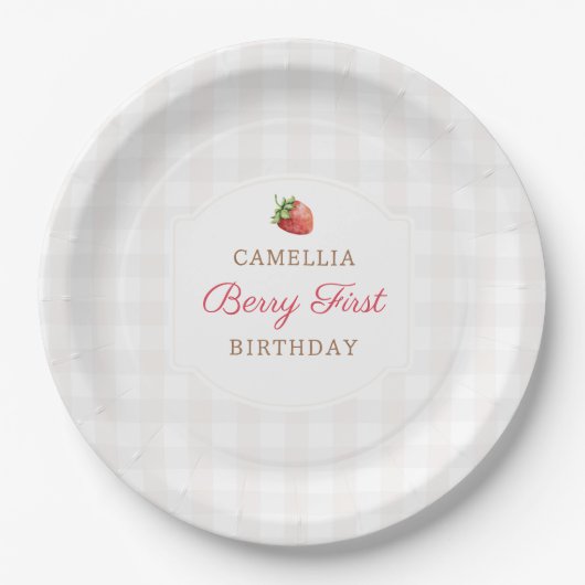 Berry First Strawberry Gingham Birthday Party Pappteller (Vorderseite)