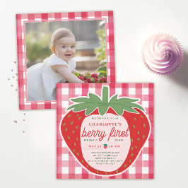 Berry First Strawberry Gingham Foto 1. Geburtstag Einladung