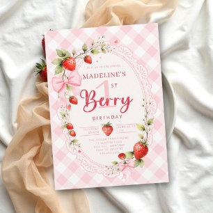 Berry First Strawberry Gingham Spitze 1. Geburtsta Einladung