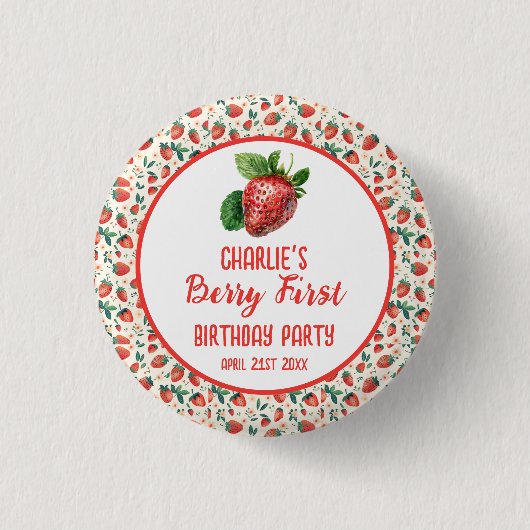 Berry First Strawberry Girl 1. Geburtstag Party Button (Vorderseite)