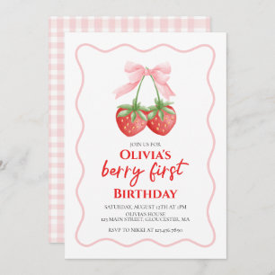 Berry First Strawberry Pink Bow 1. Geburtstag Einladung