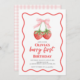 Berry First Strawberry Pink Bow 1. Geburtstag Einladung
