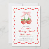 Berry First Strawberry Pink Bow 1. Geburtstag Einladung (Vorderseite)
