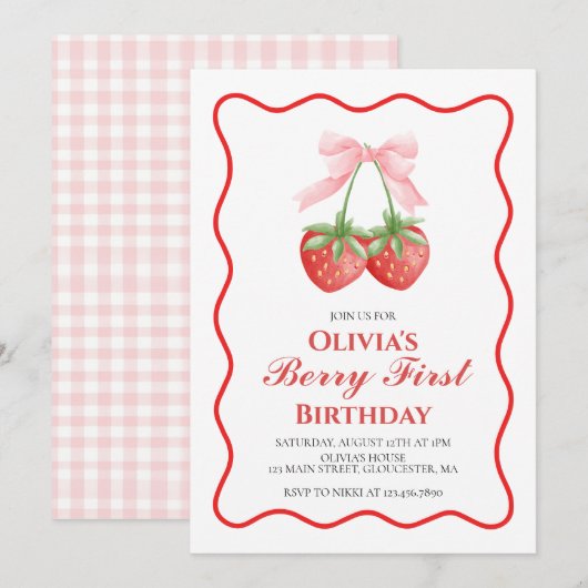 Berry First Strawberry Pink Bow 1. Geburtstag Einladung (Vorne/Hinten)