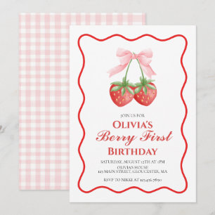 Berry First Strawberry Pink Bow 1. Geburtstag Einladung
