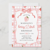 Berry First Strawberry Pink Gingham 1. Geburtstag Einladung (Vorderseite)