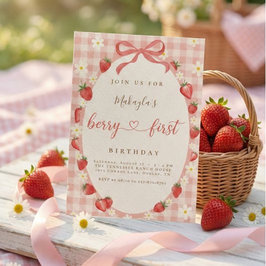 Berry First Strawberry Pink Gingham 1st Birthday Einladung