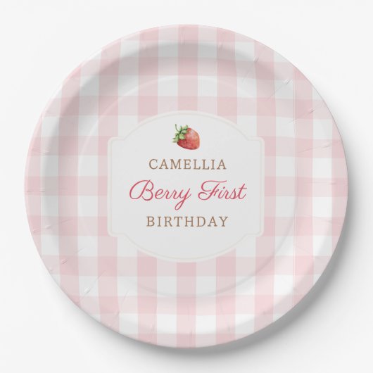 Berry First Strawberry Pink Gingham Birthday Party Pappteller (Vorderseite)