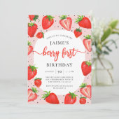 Berry First Strawberry | Sommer 1. Geburtstag Einladung (Stehend Vorderseite)