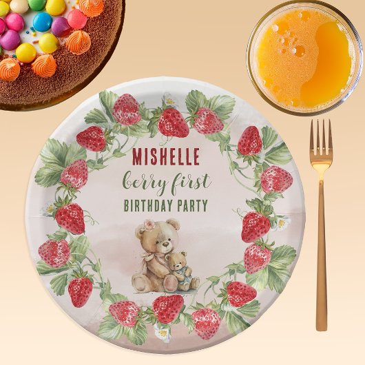 Berry First Strawberry und Bär zum Geburtstag Pappteller