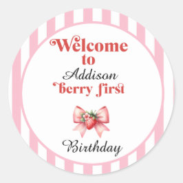 Berry First Strawberry und bow Birthday Runder Aufkleber