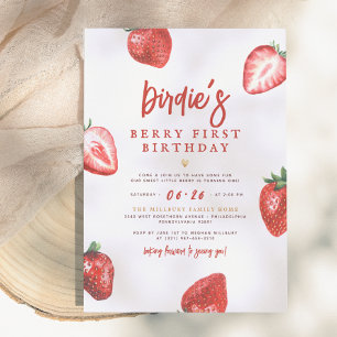 Berry First   Süßes Erdbeermädchen 1. Geburtstag Einladung