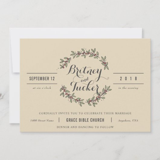 Berry Green Laurel Vintage Hochzeit Einladung (Vorderseite)