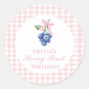 Berry Heidelbeere Geburtstag Pink Bow Gingham Runder Aufkleber