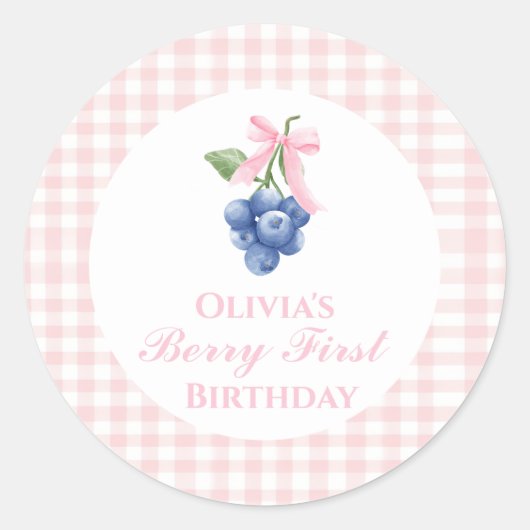 Berry Heidelbeere Geburtstag Pink Bow Gingham Runder Aufkleber (Vorderseite)