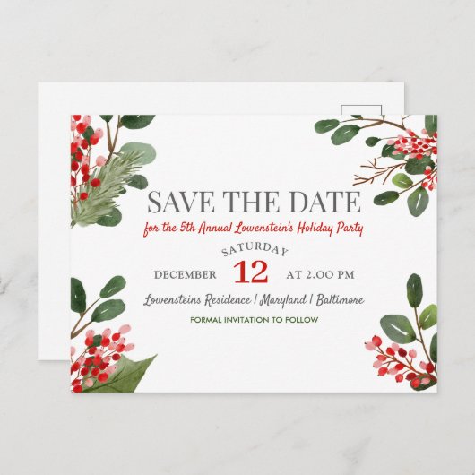 Berry Holly Annual Holiday Party Save the Date Ankündigungspostkarte (Vorne/Hinten)