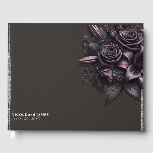 Berry Lila & Black Lily Rose Floral Wedding Gästebuch (Vorderseite)