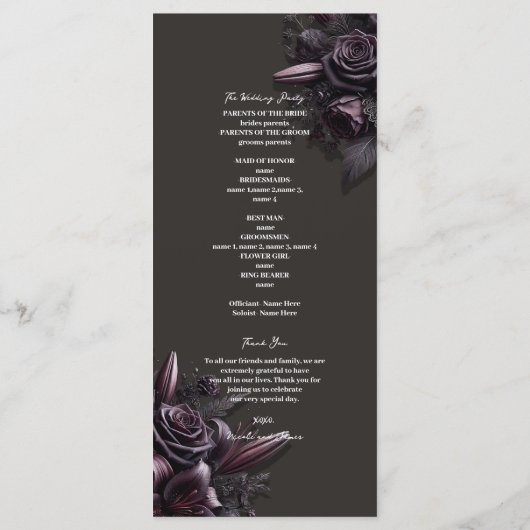 Berry Lila & Black Lily Rose Floral Wedding Programm (Rückseite)
