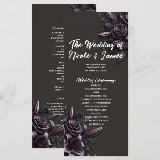 Berry Lila & Black Lily Rose Floral Wedding Programm (Vorne/Hinten)