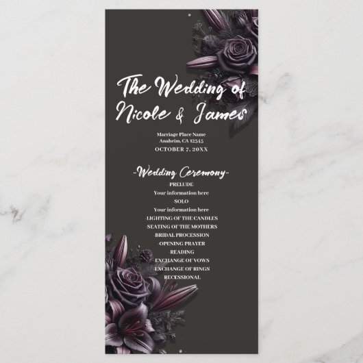 Berry Lila & Black Lily Rose Floral Wedding Programm (Vorderseite)