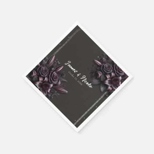 Berry Lila & Black Lily Rose Floral Wedding Serviette (Ecke)