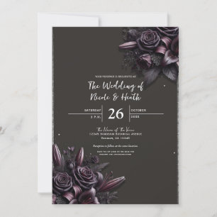 Berry Lila und Schwarze Lilienrose Florale Hochzei Einladung