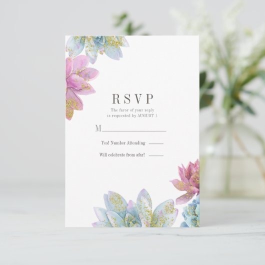 Berry Mint & Gold Garden Succulents Wedding RSVP I Einladung (Stehend Vorderseite)