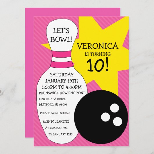 Berry Pink Bowling Bash Bowling Birthday Party Einladung (Vorne/Hinten)