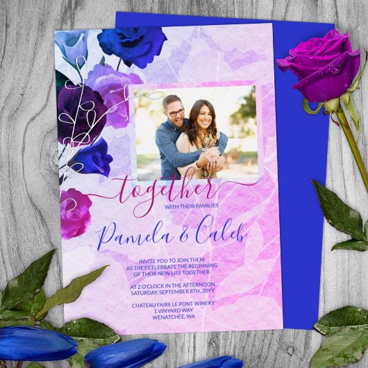 Berry Pink, Bright Royal Blue Rose Garden Wedding Folieneinladung