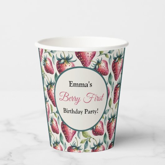 Berry Pink Green Strawberry Name Party Pappbecher (Vorderseite)