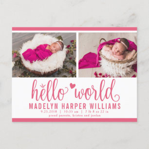 Berry Pink Hello World Foto Geburtsstatistik Ankündigungspostkarte