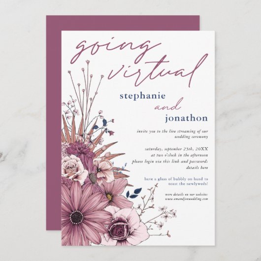 Berry Pink Lilac Watercolor Floral Virtual Wedding Einladung (Vorne/Hinten)
